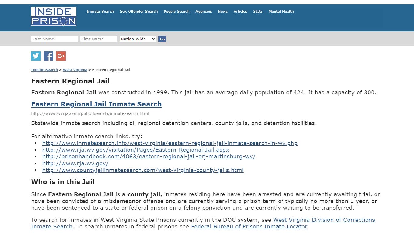 Eastern Regional Jail - West Virginia - Inmate Search - Inside Prison